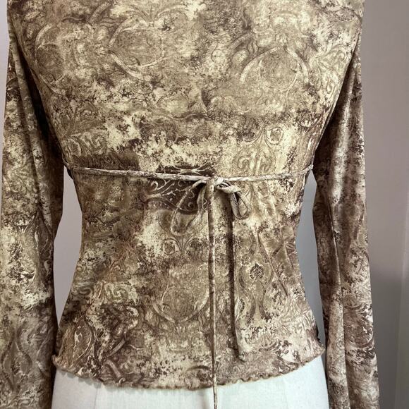 Y2K 90s Women's Cream Tan Fitted Ruffle Collar Bratz Boho Mesh Blouse Sz Large - Picture 10 of 10